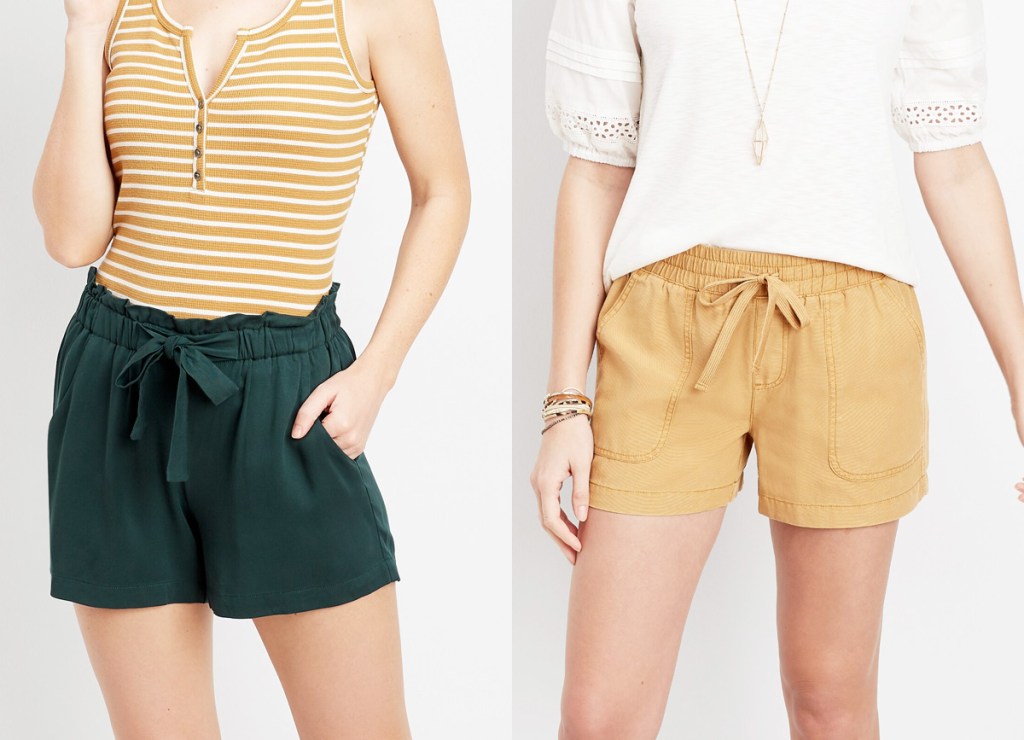 two women modeling shorts in dark green and yellow