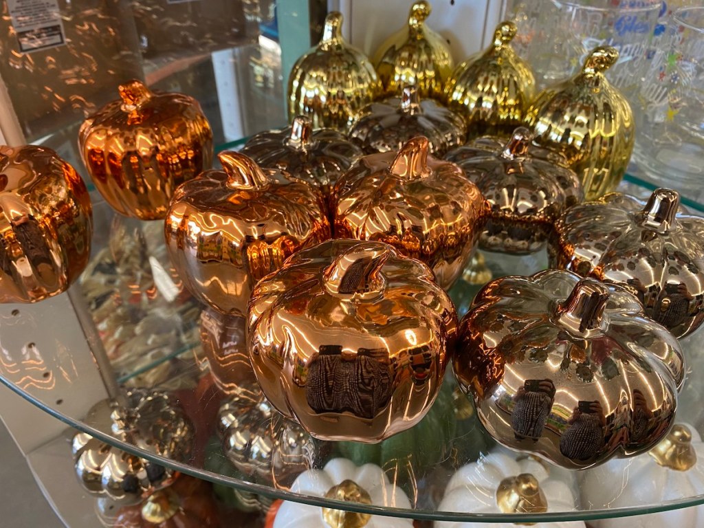 Metallic Pumpkins on shelf