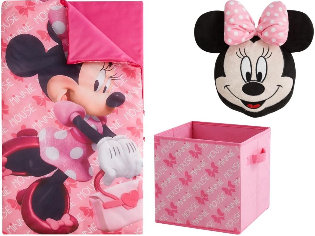 sleeping bag, storage cube and mouse head shaped pillow 