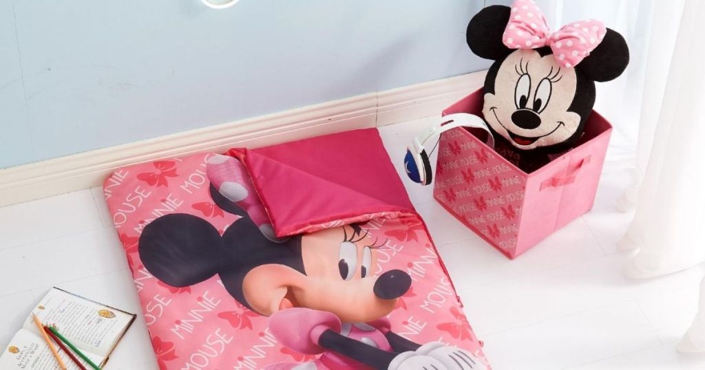 sleeping bag with matching storage cube and mouse head shaped pillow