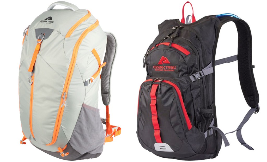 waterproof grey backpack with orange zippers and black waterproof backpack with red zippers