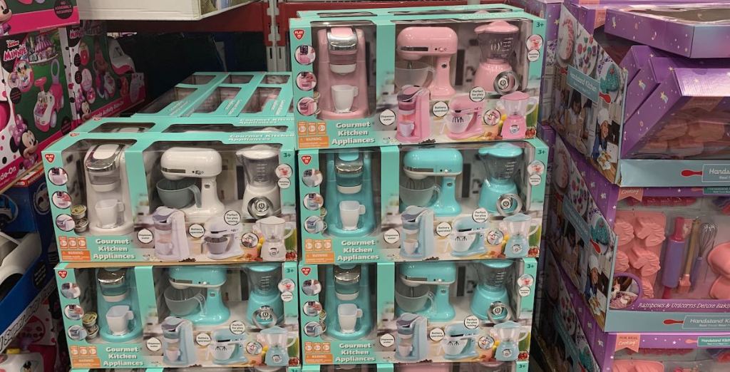 pile of pink, white, and blue Playgo Gourmet Kitchen Appliance Set