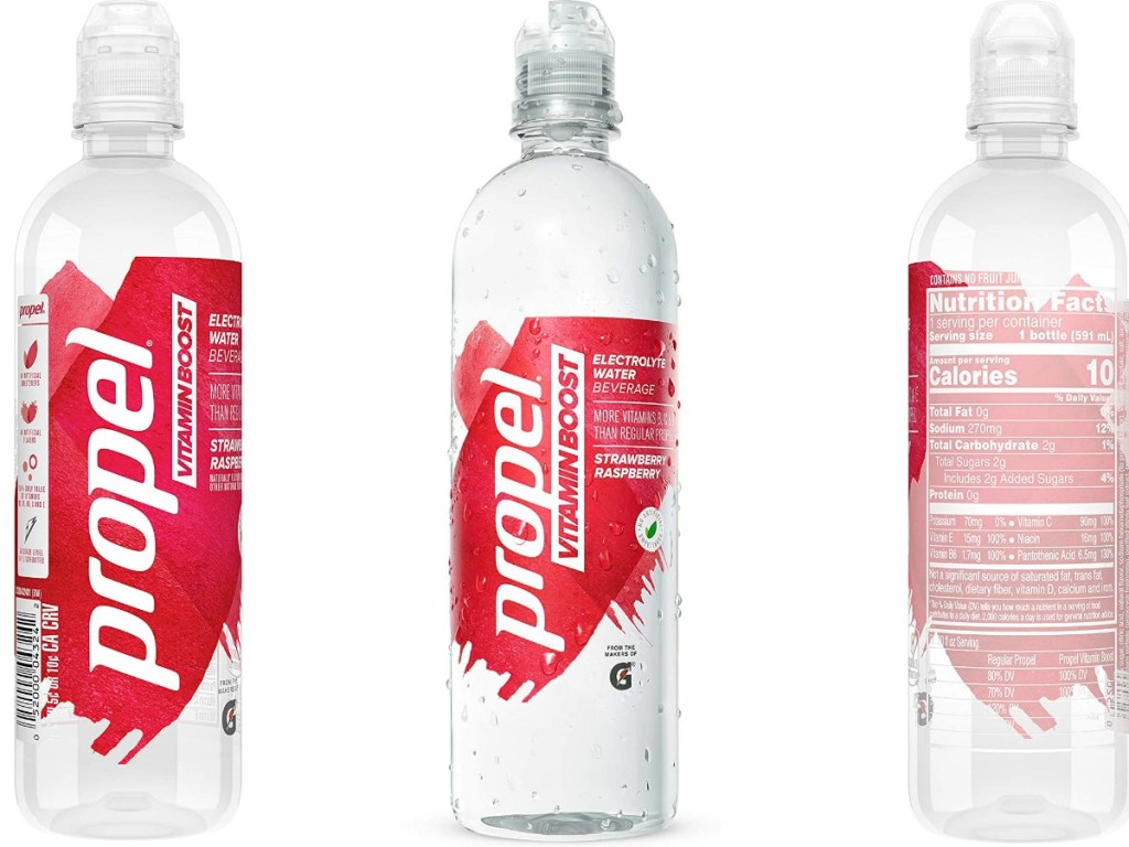 Three angles of a vitamin water bottle