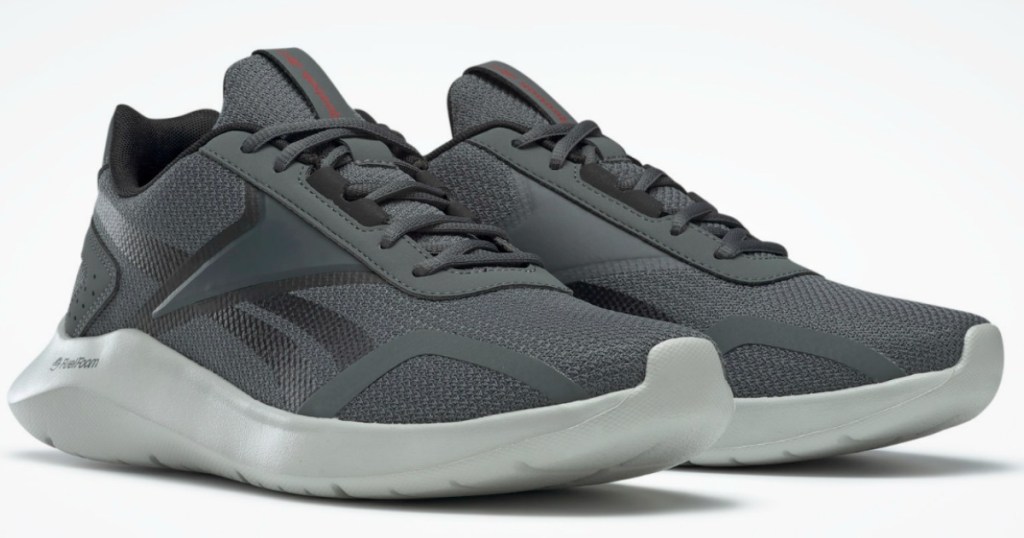 pair of grey running shoes