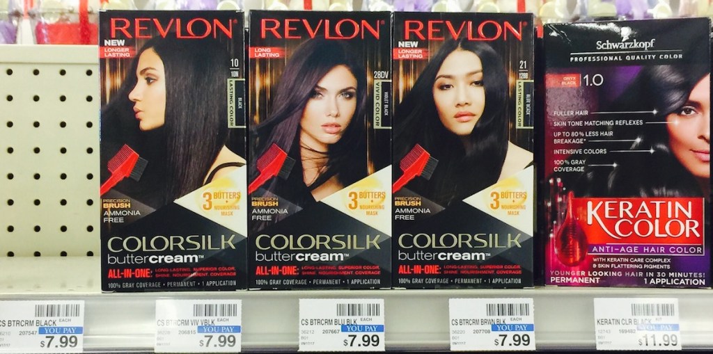 row of boxes of Revlon hair color at CVS
