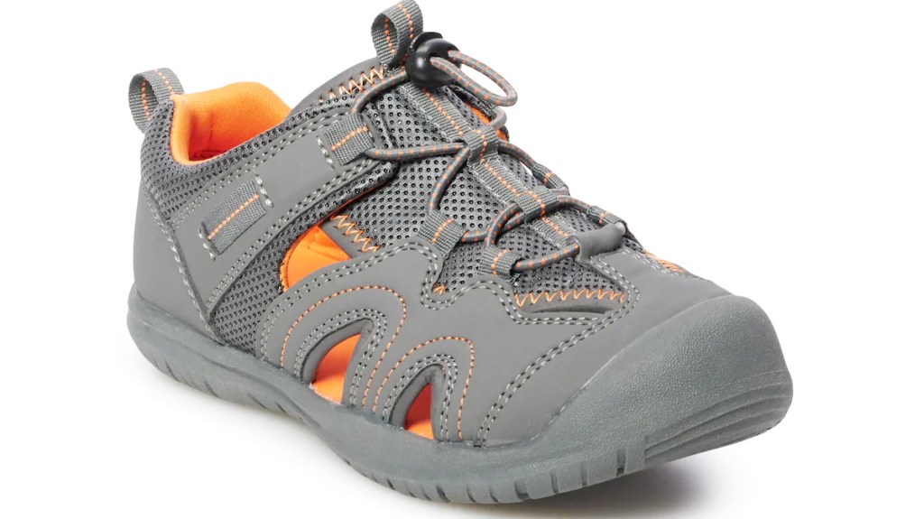 boys grey closed toe sandals with orange interior