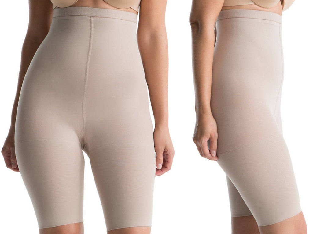 woman in nude high waist shaping shorts