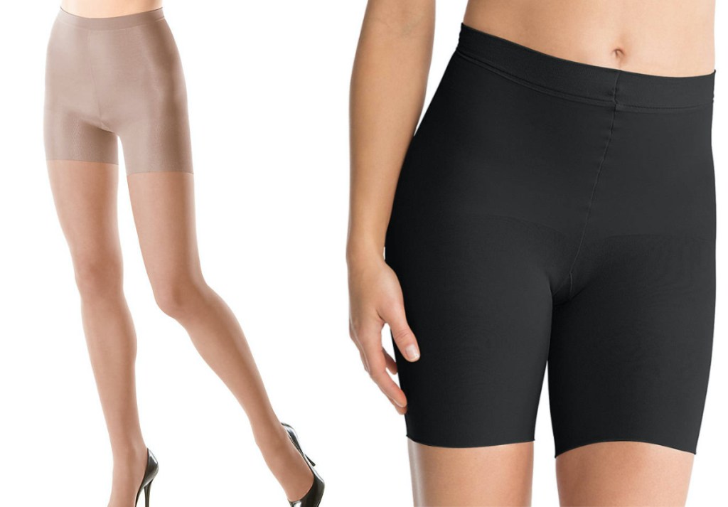 woman in nude tights and woman in black shapewear shorts
