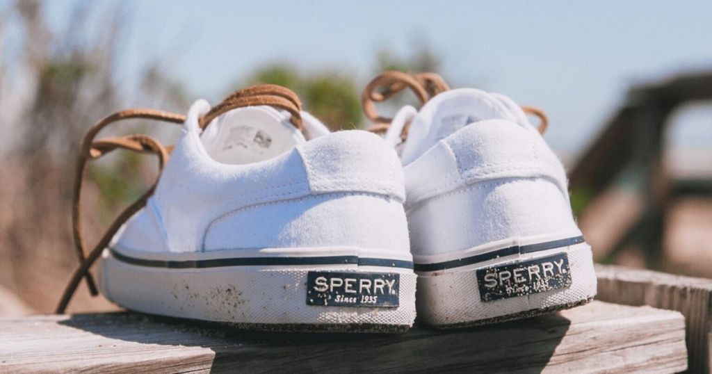 back side of sperry boat shoes on beach