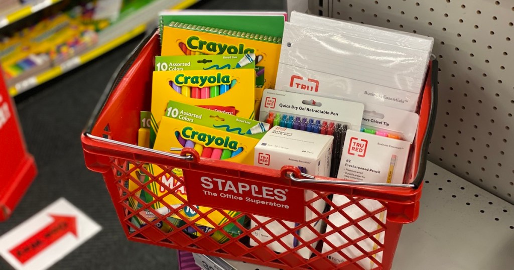 staples basket with assorted school supplies items like crayola and tru red
