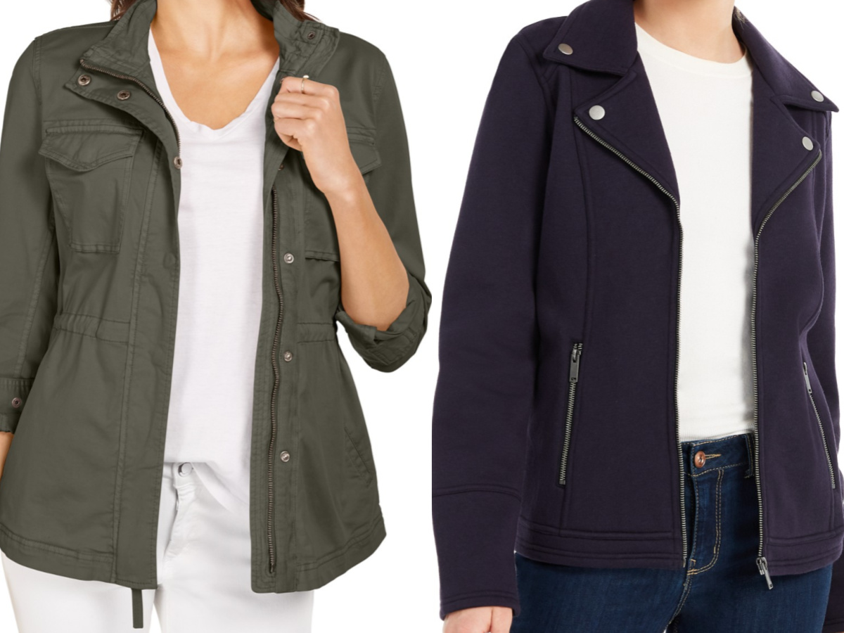 woman in olive green twill jacket and woman in dark blue moto jacket