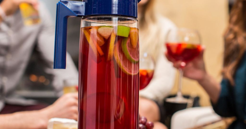 takeya airtight pitcher on table in blueberry color