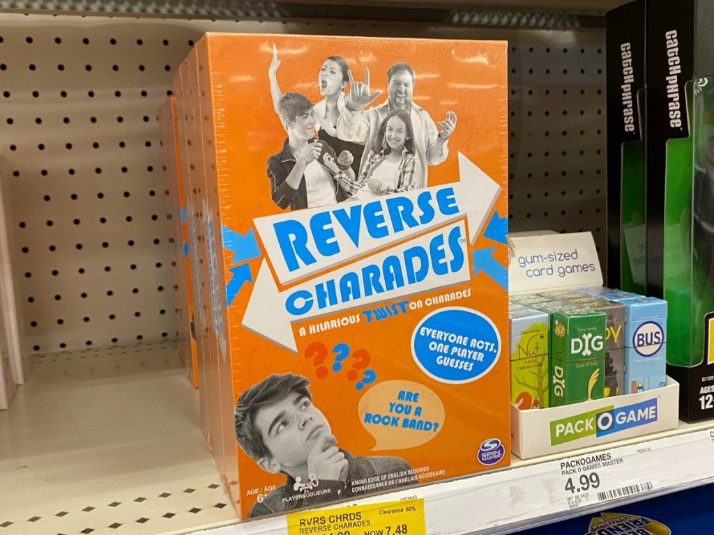 Reverse Charades Board Game sitting on store shelf