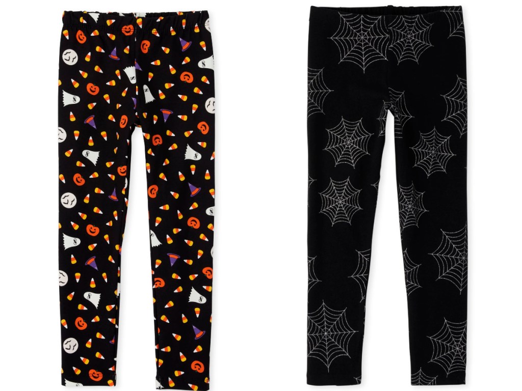 girls candy corn leggings and girls black spider web leggings