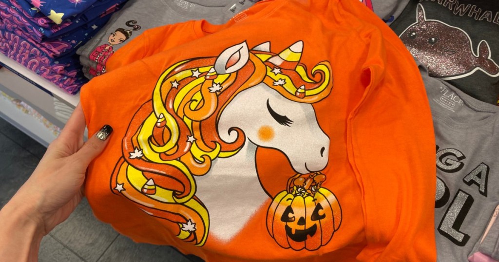 orange long-sleeve girls unicorn Halloween shirt in store