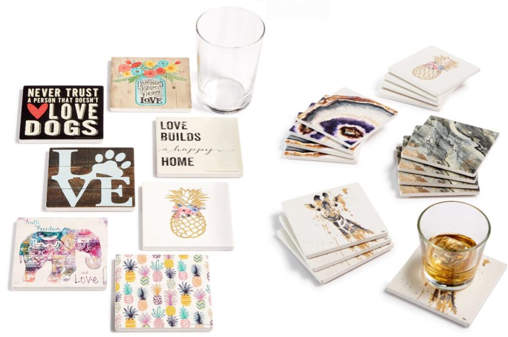 different designed coasters and two glasses