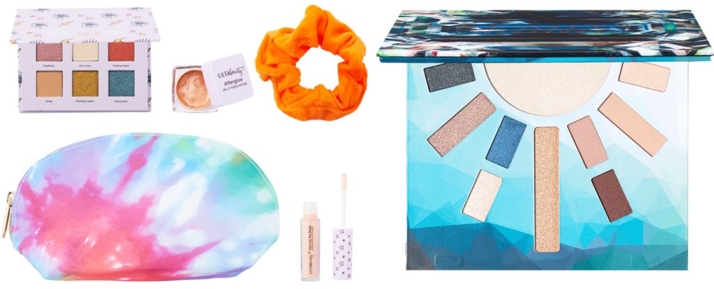 mini ulta brand cosmetics, tie dye cosmetics bag, and blue themed eyeshadow palette