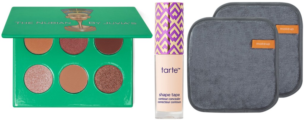 green eyeshadow palette with brown shadows, mini tarte shape tape concealer, and two grey makeup removing cloths with brown 