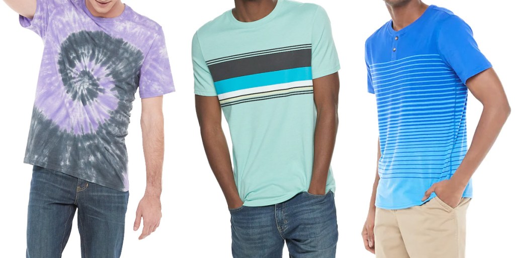 three men modeling graphic tees in various tie-dye and stripe prints