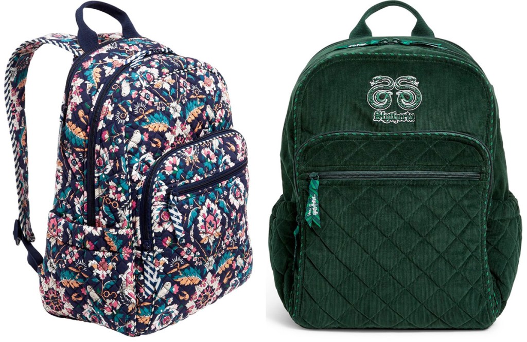 floral print backpack with harry potter motifs and green backpack with slytherin logo