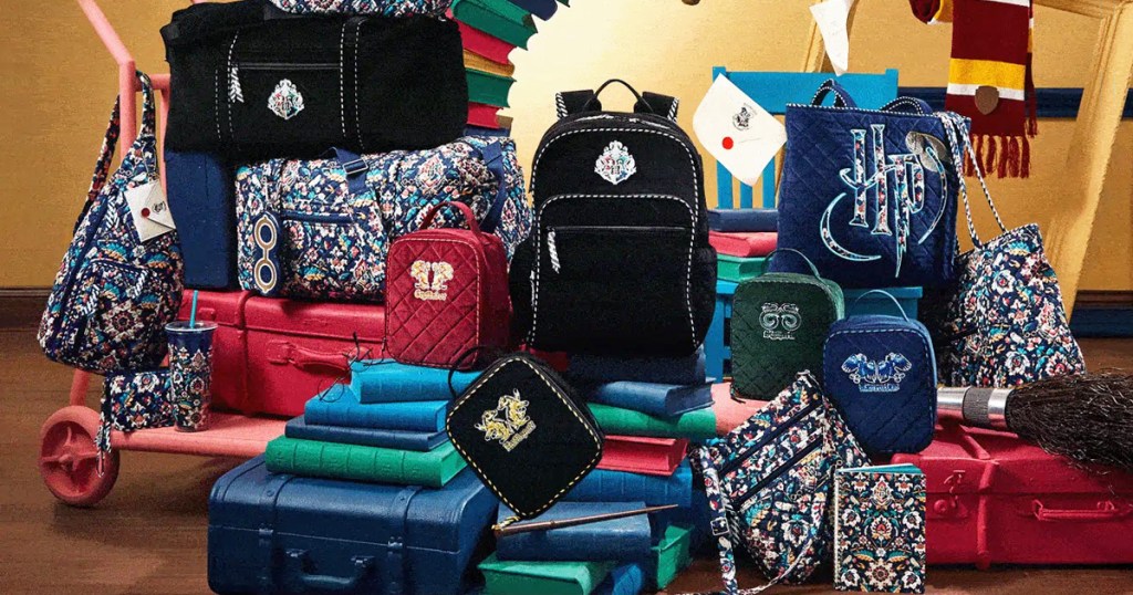 various backpacks, tote bags, and lunch bags from vera bradley harry potter collection placed on top of colorful books