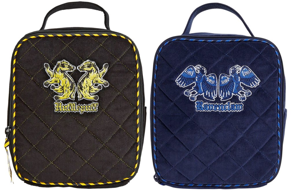 black lunch bag with yellow hufflepuff logo and blue lunch bag with ravenclaw logo