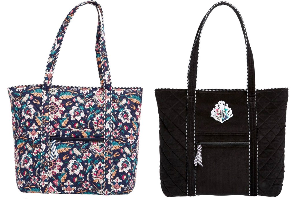 tote bag with floral print and black tote bag with hogwarts house crest