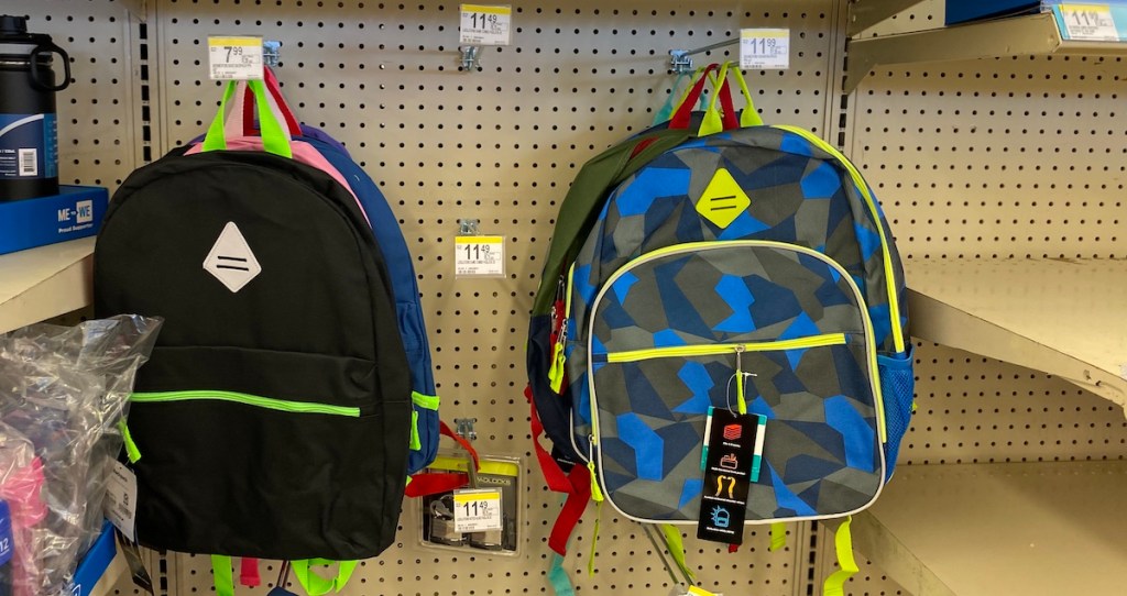 backpacks hanging on hooks at Walgreens