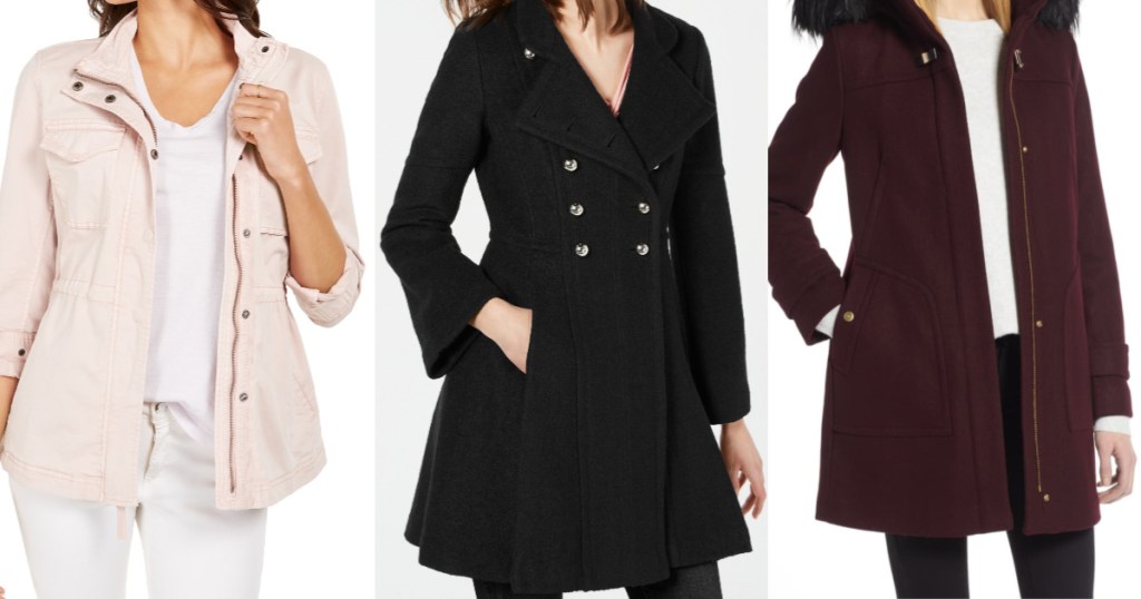 woman in light pink moto jacket, woman in black button jacket, woman in maroon fur hooded jacket