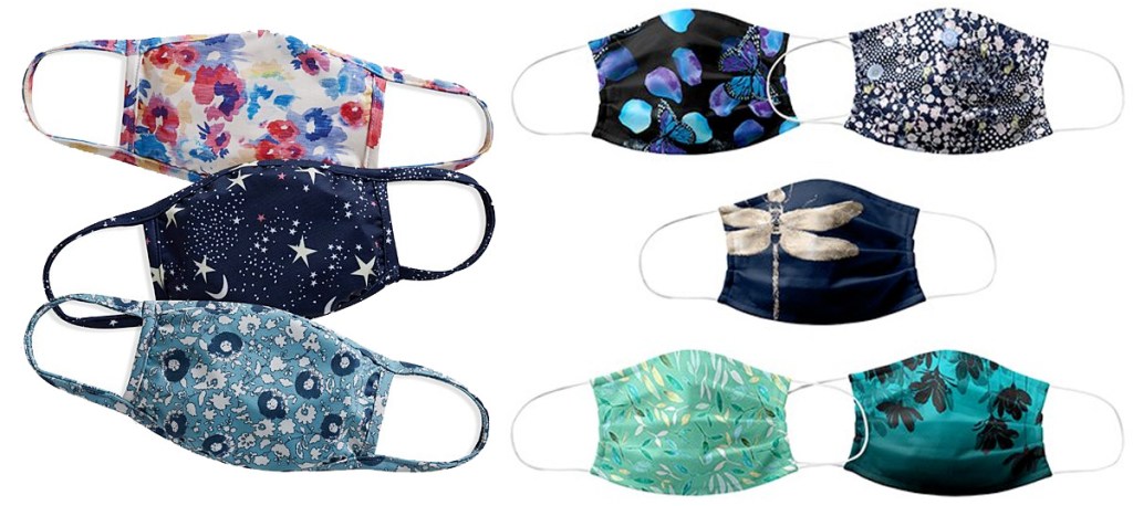 adult reusable face mask sets in assorted floral and dragonfly prints