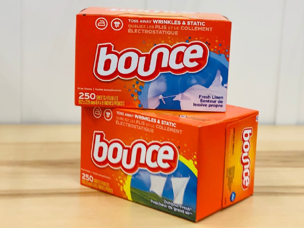 2 boxes of Bounce Dryer sheets on table