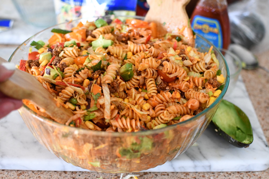 taco pasta salad in large glass bowl