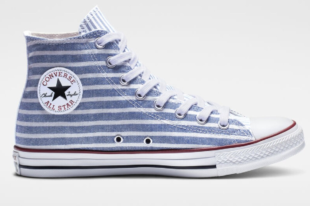 blue and white striped high tops with converse logo on side