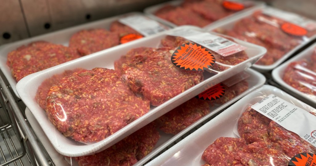 package of handmade burger patties in store