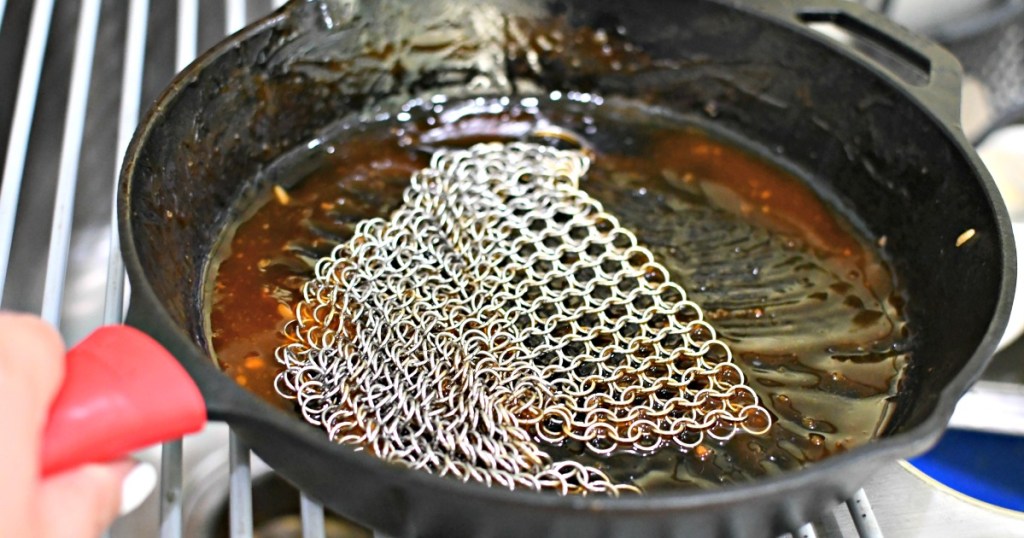 dirty cast iron pan with chain mail