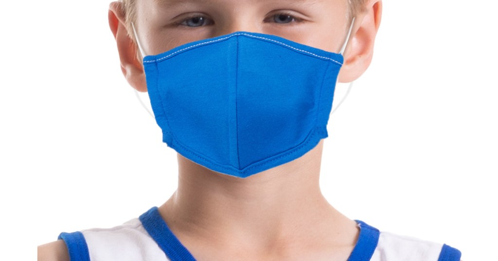 boy wearing bright blue reusable fabric face mask