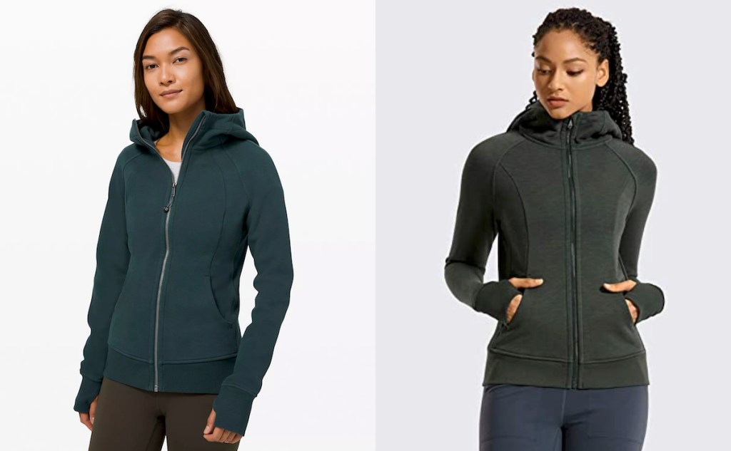 two woman side by side wearing dark colored lululemon dupes hoodies