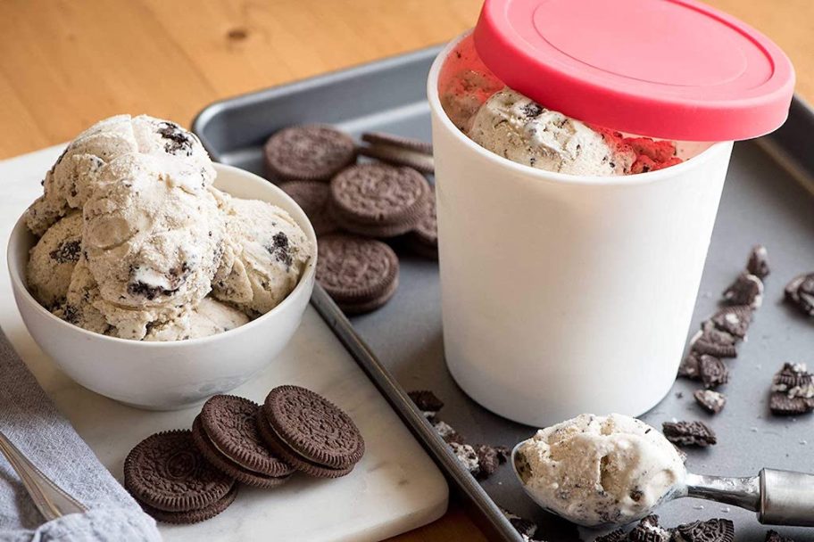 homemade oreo ice cream inside storage container 