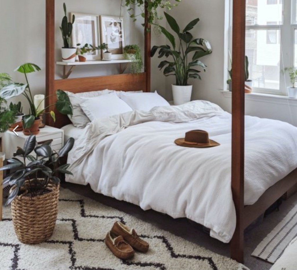 wood canopy bed with tons of green plants