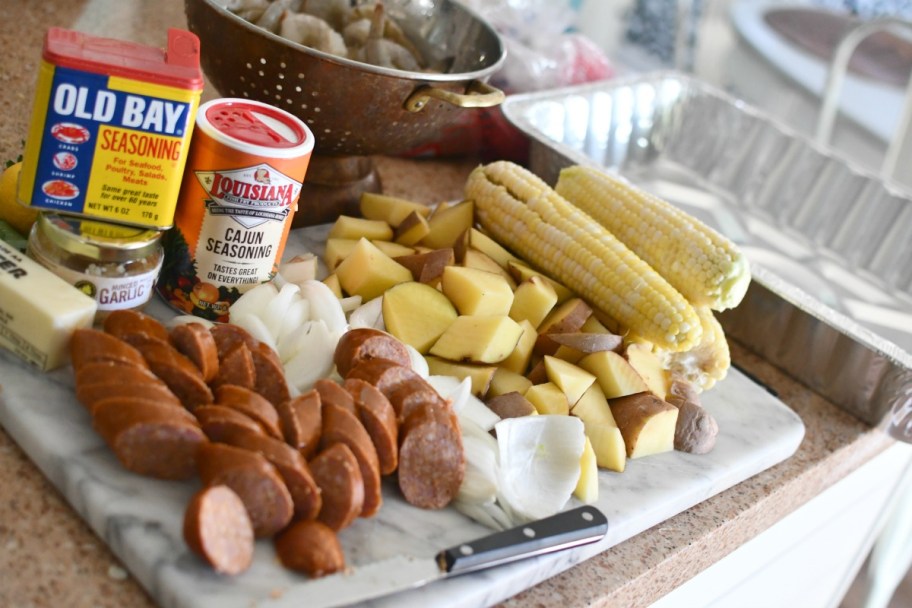 shrimp boil ingredients on the counter