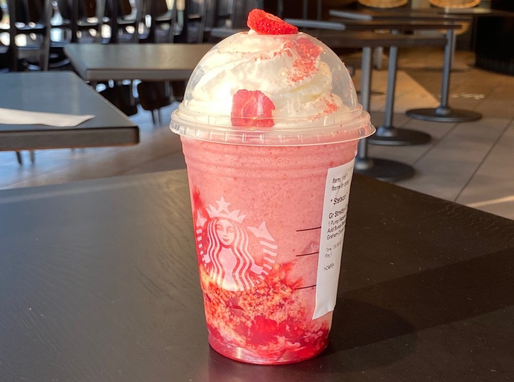 pink strawberry drink on counter