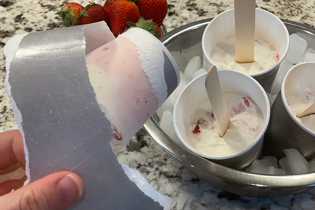 strawberry cheesecake popsicles in dixie cups