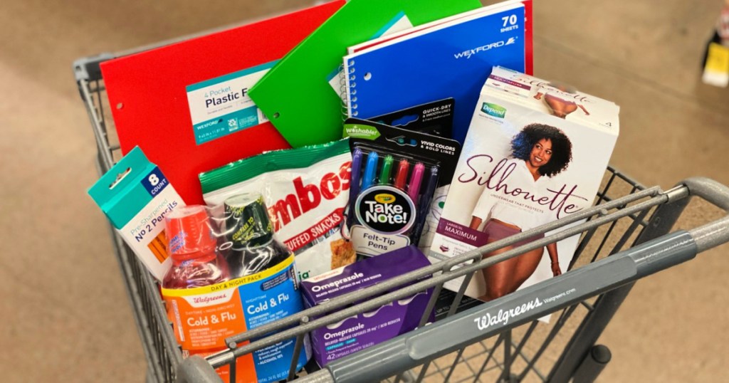 walgreens shopping cart with depends, school supplies, combos and more