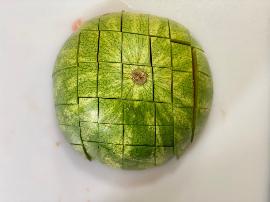 watermelon rind cut into a grid pattern