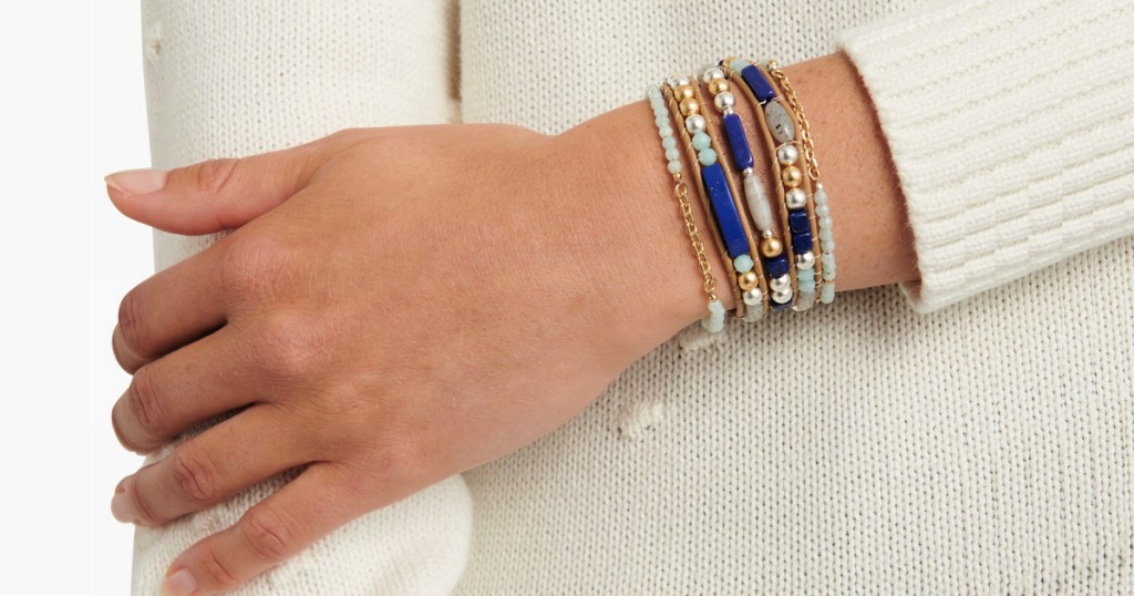 woman wearing a Lucky Brand Two-Tone Stone & Bead Leather Flex Bracelet