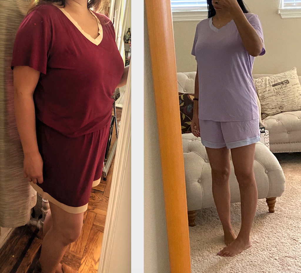 two women modeling pajama short sets