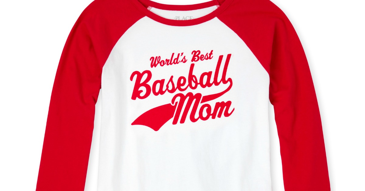 red and white long sleeve raglan shirt that says worlds best baseball mom