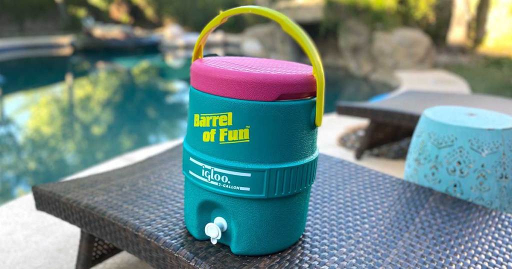 retro cooler on a deck in a backyard