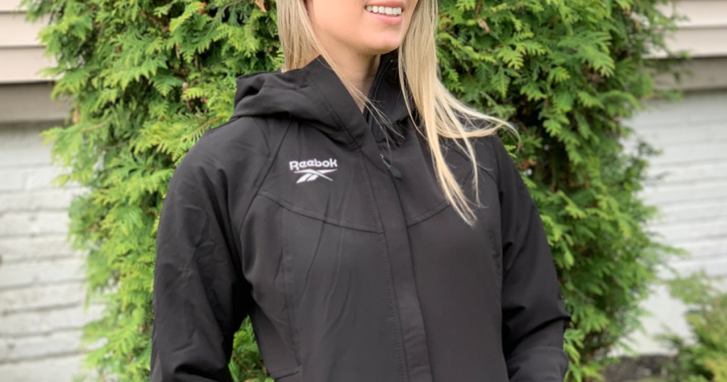 reebok womens jacket on woman outside