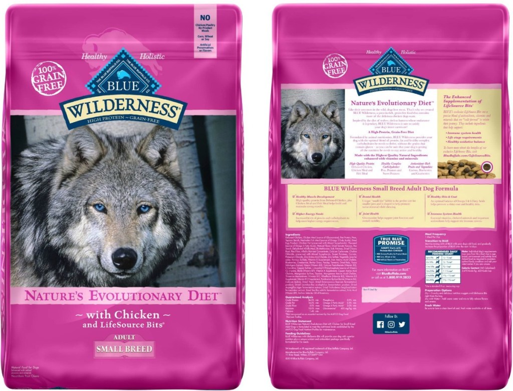 Front and back view of a bag of dog food